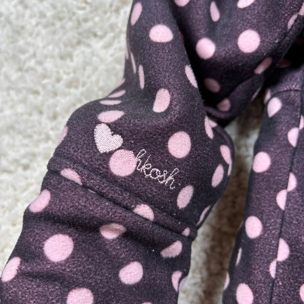 OshKosh B'gosh Girls Size 5 Polka‎ Dot Hooded Fleece Coat Jacket Pink Brown
